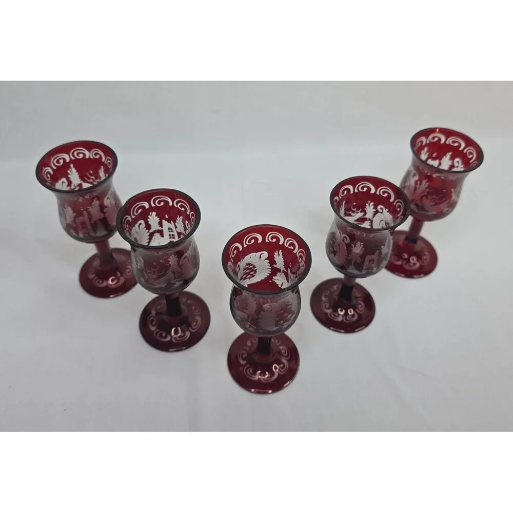 Vintage Egermann Bohemian Ruby Red Etched Cordial Glasses | Set of 5 | Cut Clear